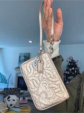 Coach Quilted Heart Embossed leather Rose Gold wristlet